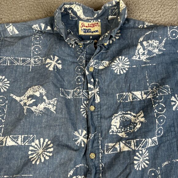Reyn Spooner Alfred Shaheen Shirt Mens L Blue Hawaiian Button Fish Floral - Picture 3 of 12